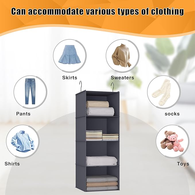 Hanging Closet Organizer, Easy Mount Foldable 4-Shelf Hanging Closet Wardrobe Storage Shelves, Clothes Handbag Shoes Accessories Storage, Washable Oxford Cloth Fabric, Dark Grey