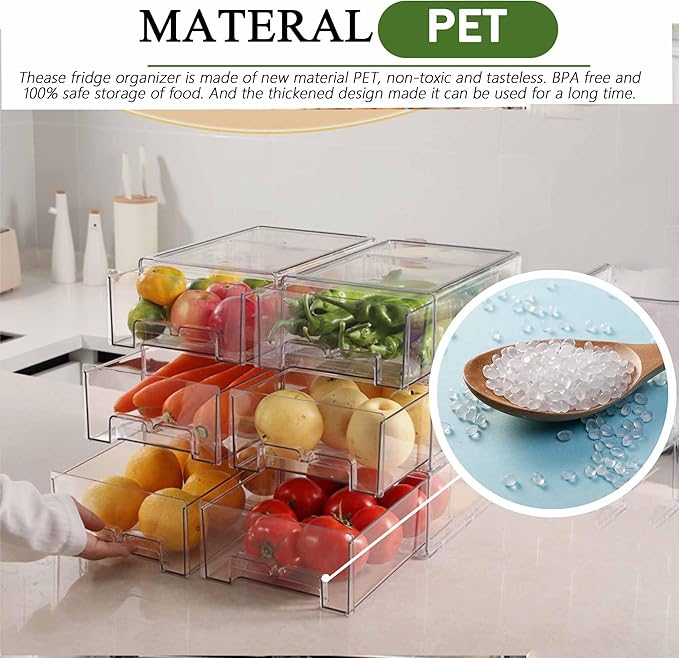 bealy 2 Pack Stackable Clear Storage Drawer,Refrigerator Organizers and Storage Drawer Pull Out Drawer for Fridge Kitchen Bathroom Cabinet Closet Office Clear