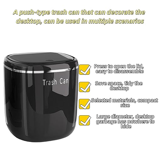 0.8 Gallon Desktop Mini Trash Can with Push-Open Lid, Small Waste Baskets Includes 50 Free Bags, Small Eco-Friendly PP Waste Bin for Office Desk, Bedroom, Bathroom Tiny Garbage Can (Black)