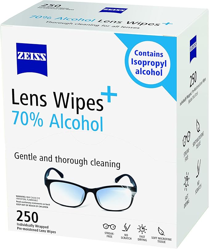 ZEISS Pre-Moistened Lens Cleaning Wipes with 70% Alcohol, 250 Count