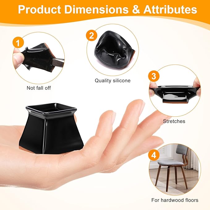 CHUNZEXI 32 Pack Square Chair Leg Floor Protectors for Hardwood Floors, Silicone Felt Covers Pads Caps, Protect Wood Furniture Feet Floors Noise Reduce and Scratch (Square Large & Black)
