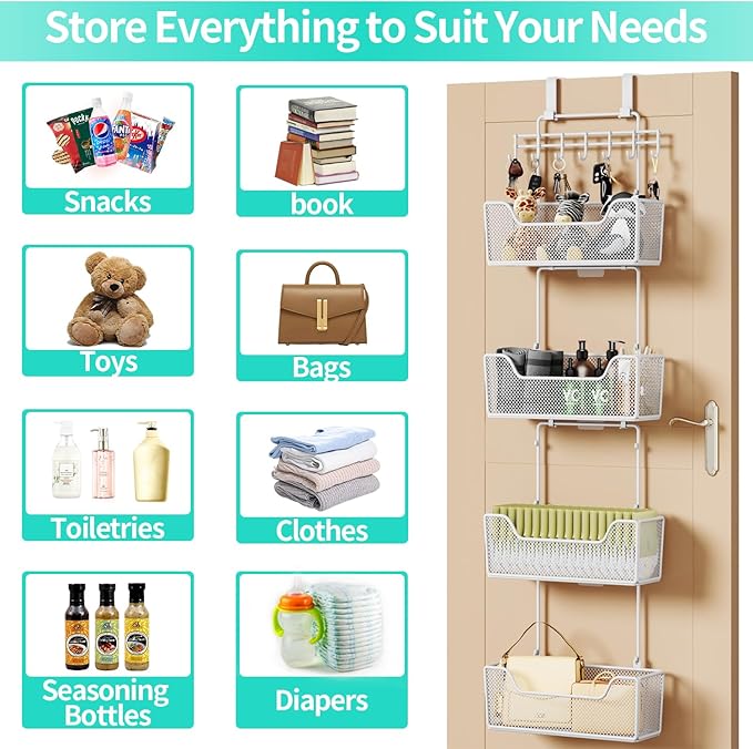 HapiRm Over Door Organizer Storage - Hanging Door Organizer with 4 Metal Large Capacity Baskets and Adjustable Coat Hook for Bathroom Bedroom Kitchen Pantry Closet Cabinet