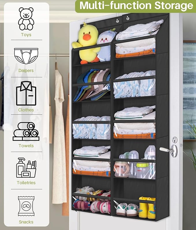 AOODA 2 Pack Over the Door Organizer, Large Capacity Closet Door Hanging Organizer, Clear Deep Pockets Baby Storage for Nursery, Bathroom, Bedroom, Pantry, Diapers (Black)