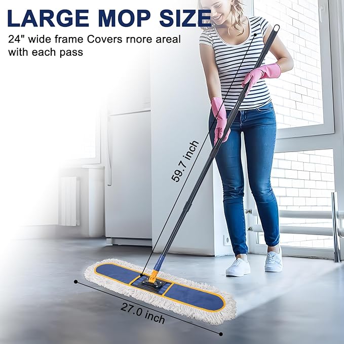24" Commercial Dust Mop for Floor Cleaning,Heavy Duty Floor Duster with 2 Cotton Reusable Mop Pads,59” Long Handle Wet Dry Flat Mops for Hardwood Floors,Marble, Laminate,Tile,Concrete,Garage (Blue)
