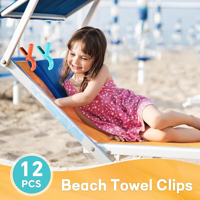 Senbowe 12 Pcs Beach Towel Clips for Beach Chairs, Towel Holder Clips for Chair Pool on Cruise,Heavy Duty Clothes Pins, Plastic Strong Beach Chair Clips to Keep Your Towel from Blowing Away,4 Colors