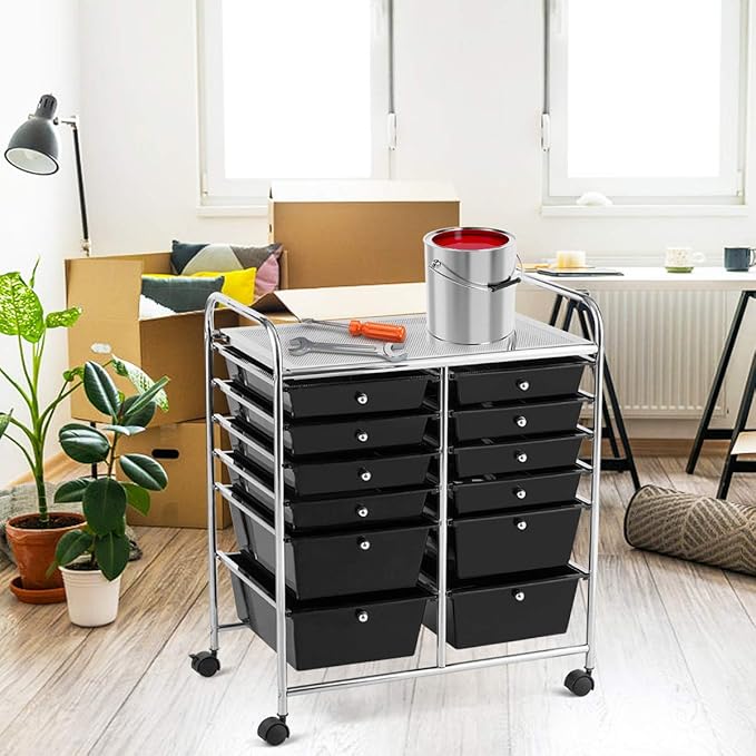 GOFLAME 12-Drawer Rolling Storage Cart, Multipurpose Organizer Cart with 2 Sizes Plastic Drawers, Mobile Utility Cart with Lockable Casters for School, Home Office, Beauty Salon, Black