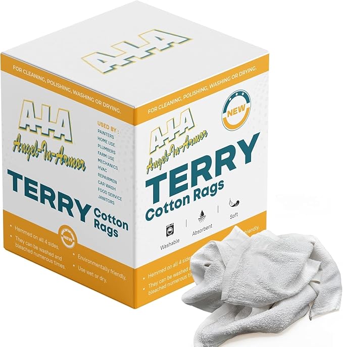 Angel-in-Armor White Terry Cloth Rags (16” x 19”) – 50lb Bulk Box of 100% Cotton Cleaning Rags – Reclaimed Towels for Plumbers, Shop Use, Janitorial, and Commercial Cleaning