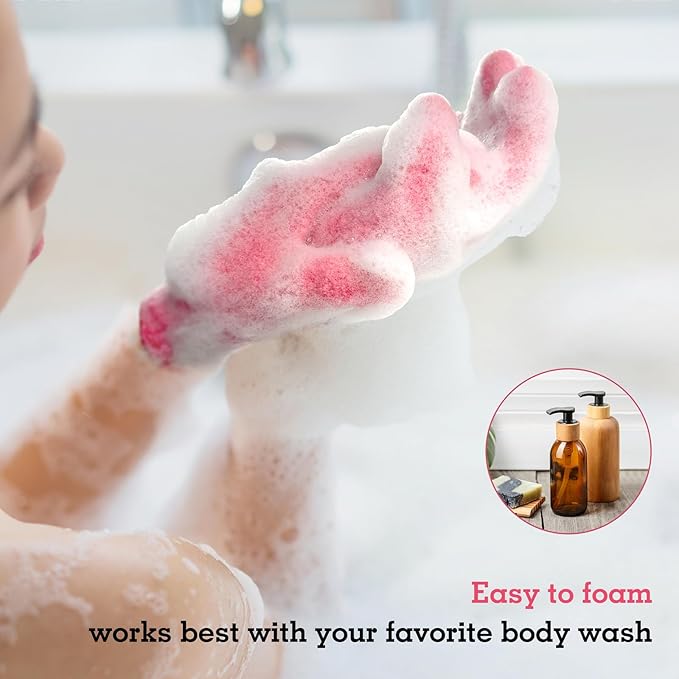 Evridwear Exfoliating Gloves for Shower, 100% Nylon Thick Soft Medium Heavy Bathing Gloves Dead Skin Remover Body Scrubber Smooth Skin with Hang Loop, 2 Pairs Heavy Hot Pink
