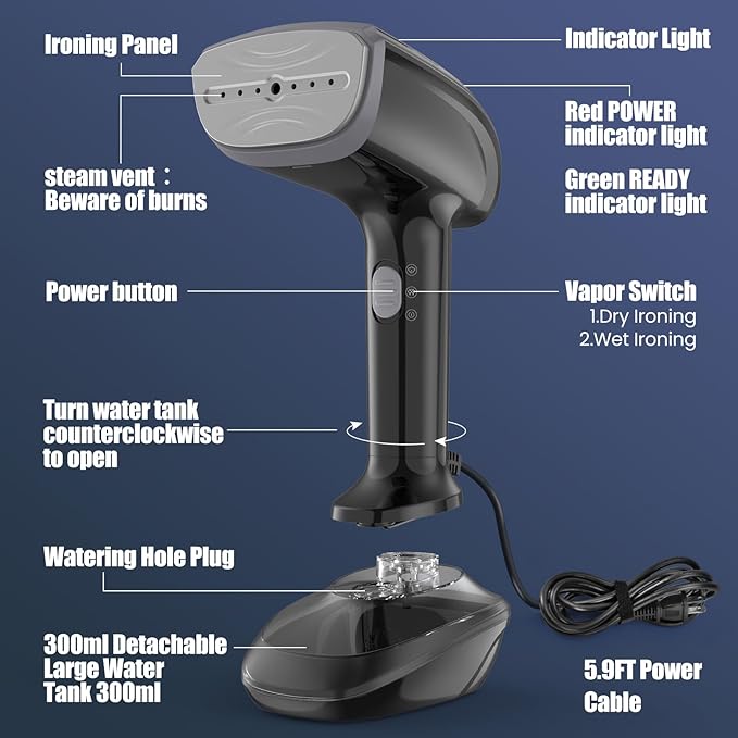 Powerful Handheld Fabric Steamer - 1800W with Fast Ceramic Heat-Up Plate, 2-in-1 Ironing & Wrinkle Remover, Steam Nozzle, Lint Brush - Black, for US 120V Only