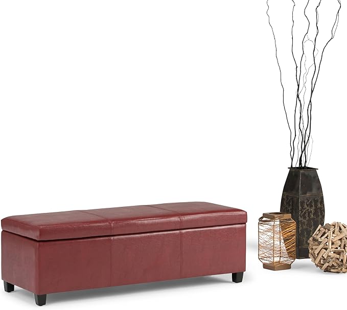 SIMPLIHOME Avalon 48 inch Wide Contemporary Rectangle Storage Ottoman Bench in Red Vegan Faux Leather, Assembled, for the Living Room, Entryway and Family Room