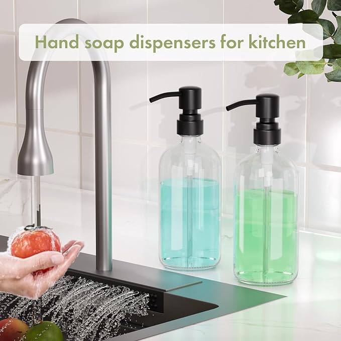 AmazerBath Soap Dispenser, 2 Pack Glass Soap Dispenser with Stainless Steel Pump, 17 Oz Bathroom Hand Soap Dispensers Bottle for Bathroom & Kitchen, Clear & Black