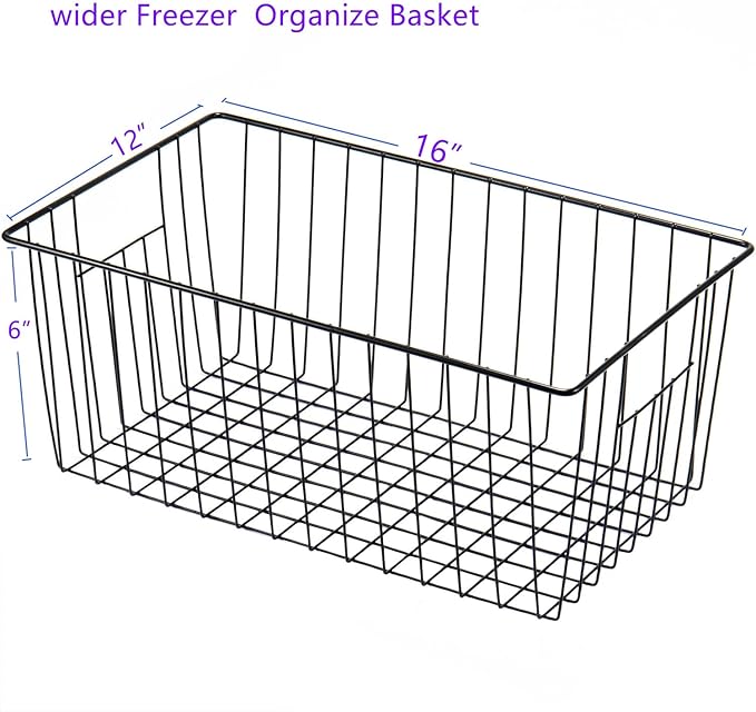 16" L x 12" W Wider Freezer Storage Organizer Baskets Container, Deep Metal Wire Chest Upright Refrigerator Divider Bins with Built-in Handles for Cabinet, Pantry, Kitchen, Black