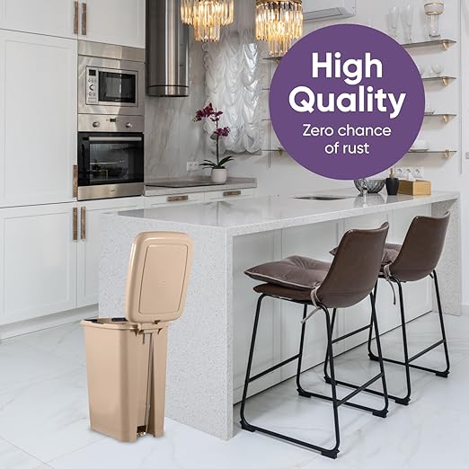 Superio Slim Step On Trash Can, Beige Waste Bin with Foot Pedal Lid 26 Liter, Kitchen, Under Desk, Office, Bedroom, Bathroom (1, 4 Gallon)