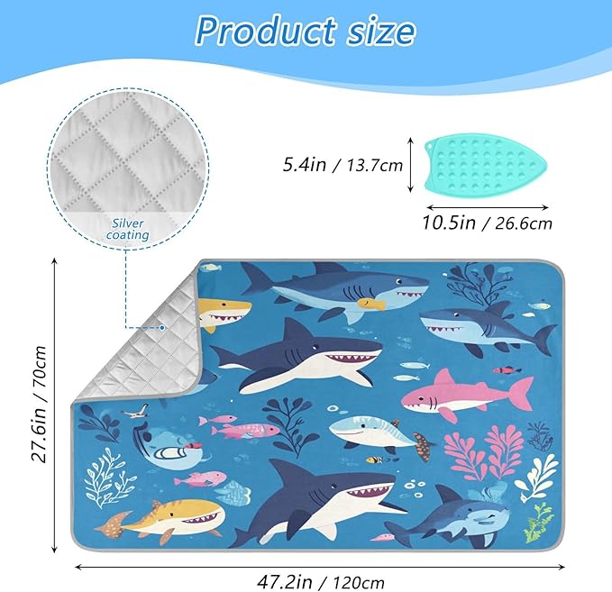 Sharks Fishes and Seaweed Blue Ironing Mat Thickened Ironing Blanket Travel Portable Double-Side Using Ironing Pad Travel Isolate Heat Pad Cover for Washer Dryer Table Top Countertop 27.6x47.2i