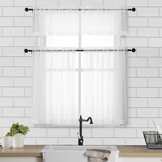 Chyhomenyc White Sheer Curtains 30 inch Length 2 Panels, Light Filtering Voile Rod Pocket Short Window Curtians for Bathroom Living Room Farmhouse Small Windows, 42Wx30L inches