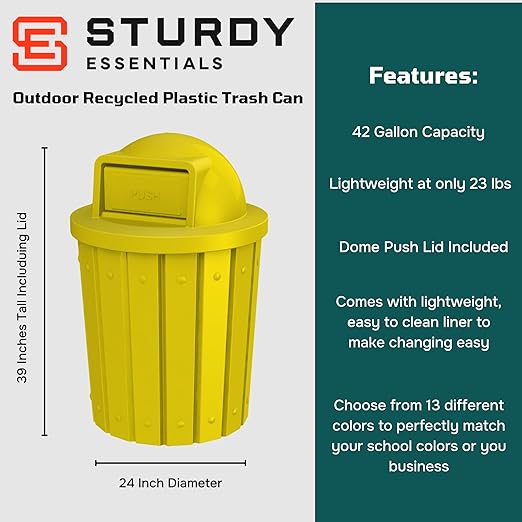 42 Gallon Slatted Circle 100% Recycled Plastic Commercial Outdoor and Indoor Trash Can with Push Open Dome Lid and Internal Liner | Great for Schools and Businesses - Yellow