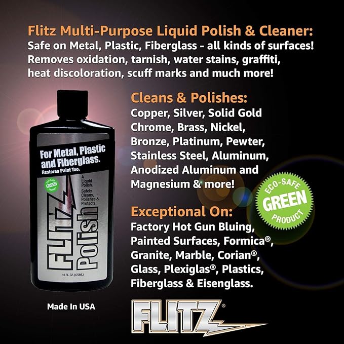 Flitz Multi Purpose Metal Polish Liquid - 16oz Bottle of USA-Made Tarnish Remover - For Aluminum, Chrome, Brass, Nickel, Silver - Non-Abrasive Metal Cleaner and Polish, Restorer (6 Pack)