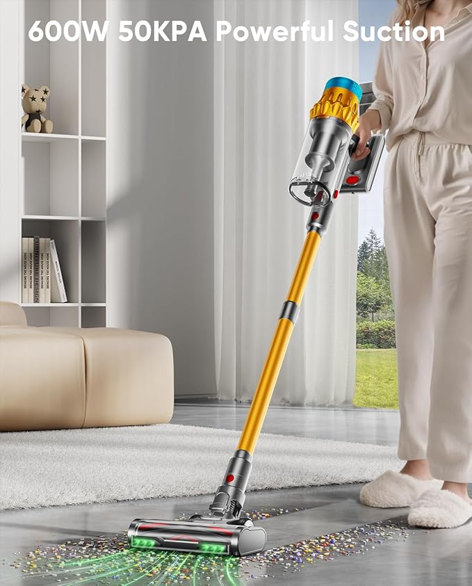 Cordless Vacuum Cleaner, 600W/50KPA, Max 70 Mins Runtime, Self-Standing Vacuum Cleaners for Home, Anti-Tangle Stick Vacuum, Smart Display Vacuum Cordless with 1.8L Cup for Pet Hair/Carpet (Gold)