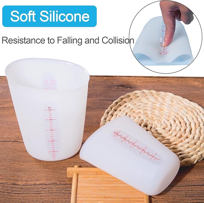 Silicone Measuring Cups, 500ml & 250ml Large Flexible Mixing Cups, 2 Cups Pour Baking Cups for Epoxy Resin, DIY, Jewelry Making, Cooking