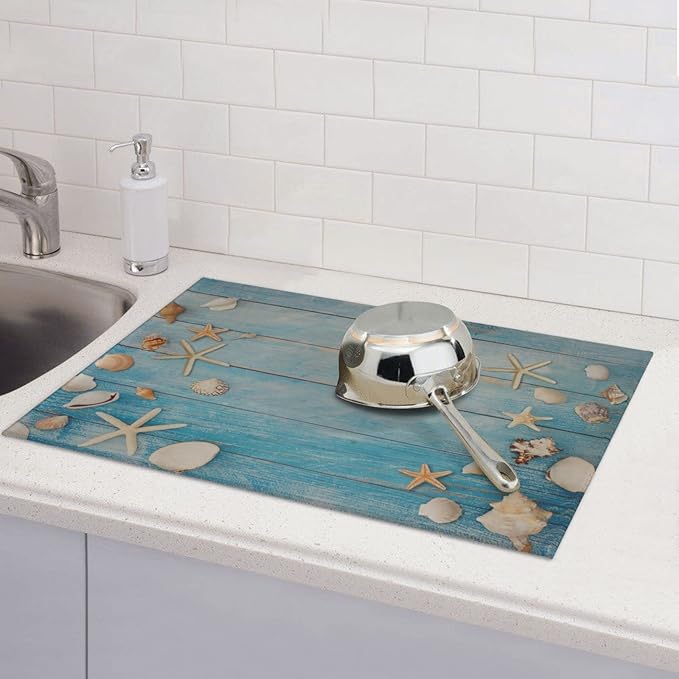 Seashells Starfish On Blue Wood Absorbent Microfiber Xl Dish Drying Mat For Kitchen Countertop Extra Large Reversible Drainer Rack Pad 18 X 24 Inch