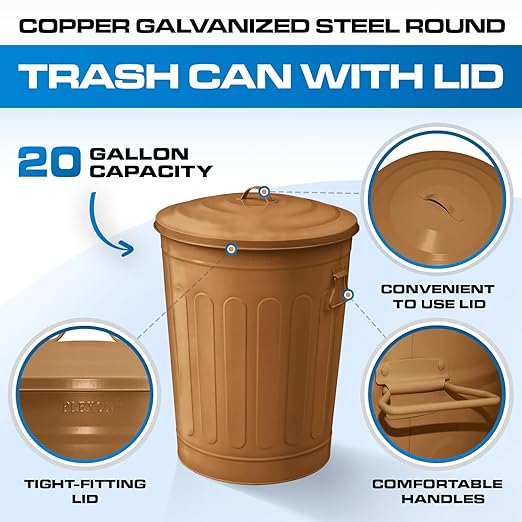 Plexon Round Trash Can 13 Gallon, Vintage Metal Outdoor Trash Can with Lid, Retro Farmhouse Garbage Container, Old School Modern Ash Bucket, Copper 3 Pack