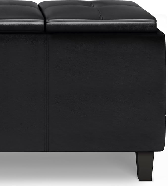 SIMPLIHOME Avalon 42 inch Wide Contemporary Rectangle Tray Storage Ottoman with Lift Up Lids in Midnight Black Vegan Faux Leather, Assembled, for the Living Room, Entryway and Family Room