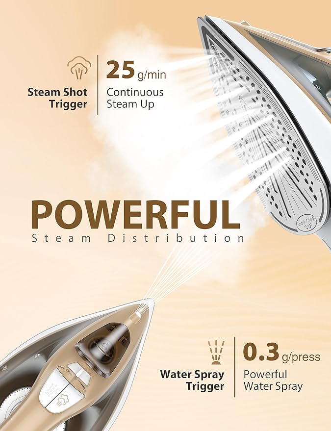 Steam Iron for Clothes Rapid Heating, 1500W Iron with Non-Stick Ceramic Soleplate, Auto-Off, Burst of Steam, 500 Microsteam Holes, Self-Cleaning, 12.31oz Water Tank Ironing Clothes for Home
