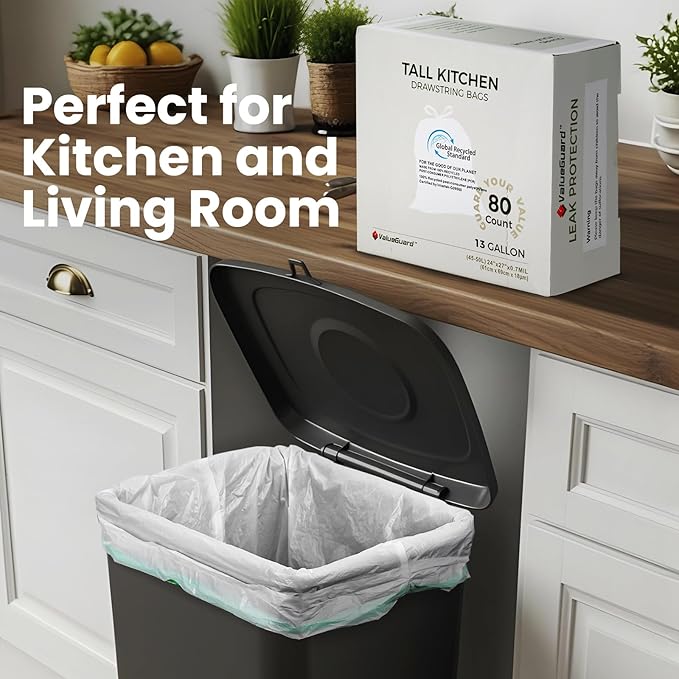 Large Trash Bag 13 Gallon Tall Drawstring 100% Post-Consumer Recycled Garbage Bag Waste Bag for Kitchen Office (80 Count, 0.7 Mil)