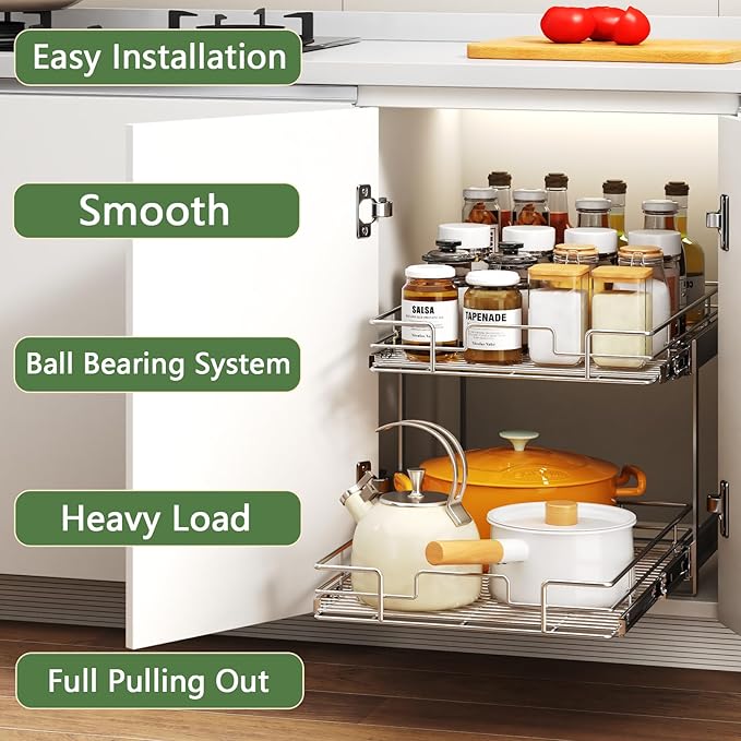 2 Tier Individual Pull Out Cabinet Organizer 19½" W x 21½" D, Heavy Duty Cabinet Pull Out Shelves, Slide Out Drawers Organization for Kitchen Cabinets Bathroom