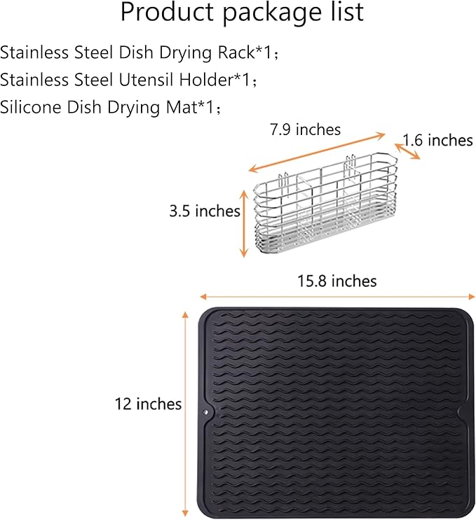 Stainless Steel Dish Drying Rack(15.2"L X 13"W X 5.8"H), Expandable Fruit & Vegetable Drain Rack over Sink, Dish Drainer Rack in Sink, with Stainless Steel Utensil Holder & Silicone Mat(16")