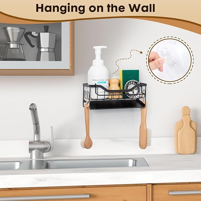 Sponge Holder for Kitchen Sink - Sink Caddy Organizer with Auto Drain Tray, Detachable Towel Rack, Stainless Steel Kitchen Counter Organizer Rack, Black