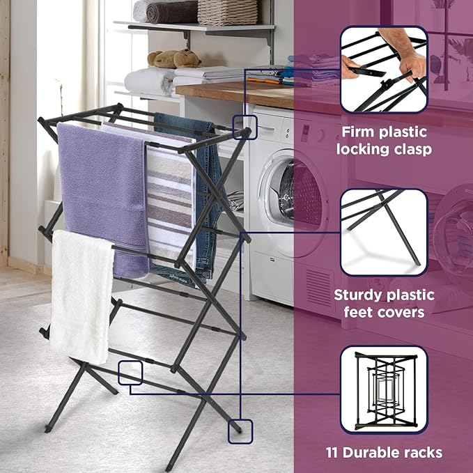 BLACK+DECKER Laundry Organization Expandable/Collapsible Clothes Drying Rack. Essential for Camping/Trailers or Anywhere You Air Dry Laundry. Oversized for Multiple Garments, (Black)