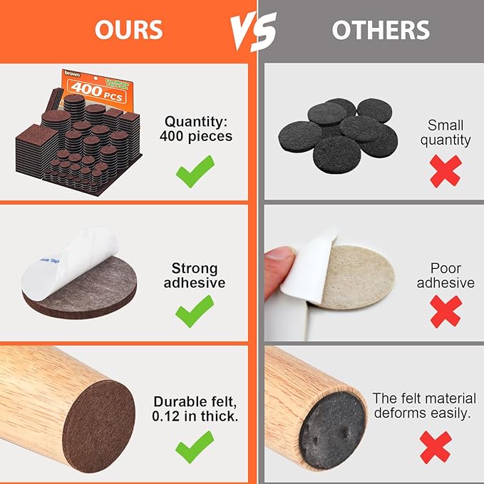 Felt Furniture Pads 400 Pieces, Furniture Pads for Hardwood Floors, Floor Protectors for Furniture Legs, Felt Pads for Furniture, Many Large Sizes Brown