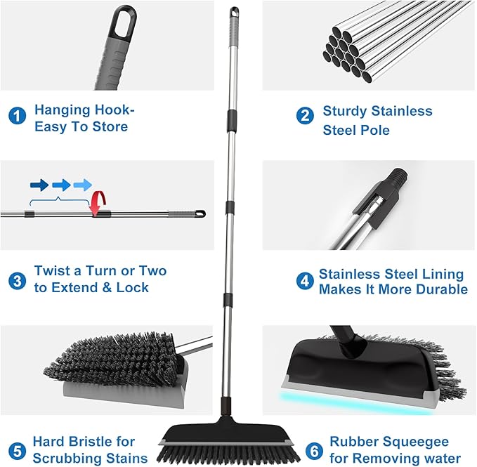 ITTAR Scrub Brush with Long Handle, 10" Wide Stiff Bristles Deck Brush, Heavy-Duty Floor Cleaning Brush, 2-in-1 Scrubber Squeegee Broom for Cleaning Patio, Pool, Kitchen, Garage, Bathroom Floor-Black