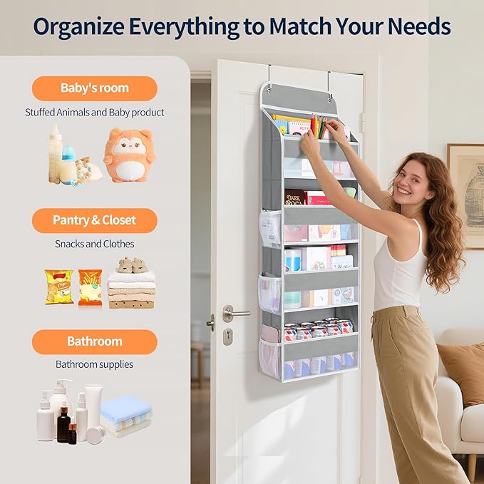 Yecaye Over The Door Organizer, Heavy Duty Hanging Organizers and Storage with 4 Large Capacity Pockets, Swing-Proof Behind The Door Storage for Bathroom Nursery Bedroom Dorm Closet, Grey