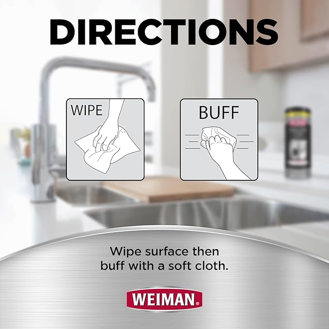Weiman Stainless Steel Cleaner, 30 Count Cleaning Wipes, Removes Dirt, Grime, and Grease, No Streaks or Residue, Stainless Steel Polish for a Sparkling Clean and Shiny Surface, Cleaning Supplies