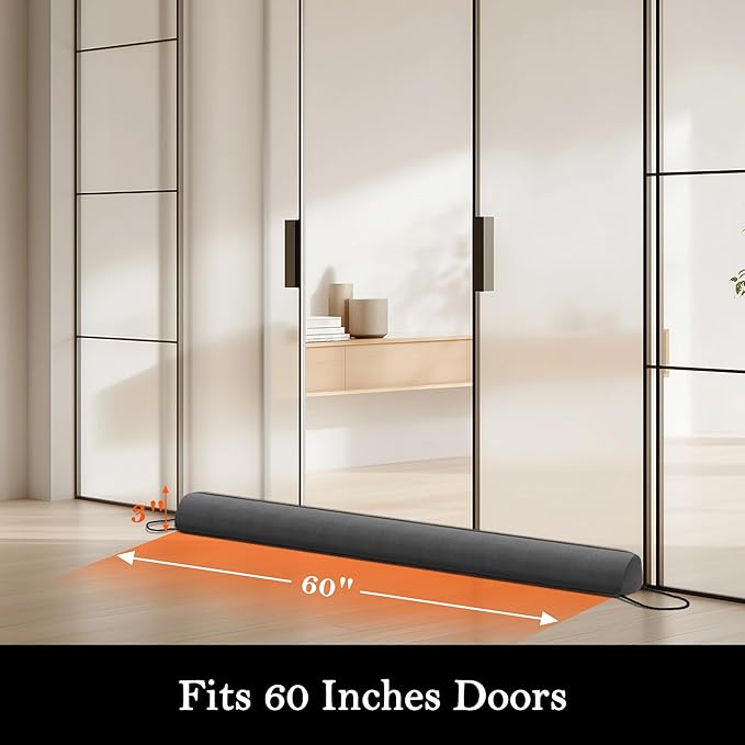 Sunolga 60" Door Draft Stopper Blocks Hot and Cold Air with Removable Washable Cover for Gaps Up to 3", All-Season Seal Strip for Noise, Wind, Door Sweep for Bottom of Door, Home Essentials, Gray