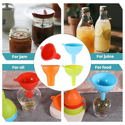 4 Pack Kitchen Silicone Funnel, 4 Colors Kitchen Funnel Set Wide Mouth Funnels for Filling Bottles Small Canning Funnels for Daily Cooking and Water Liquid Oil or Powder Transfer