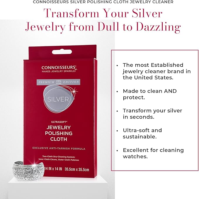 CONNOISSEURS Premium Edition Extra Large Polishing Cloth for Silver Jewelry - Ultrasoft Fabric with Anti-Tarnish Formula - 14x14 Inches