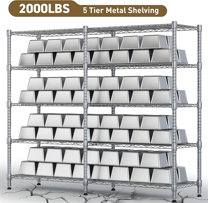 Himimi 72"W Wire Rack Shelving-2000LBS Capacity, Adjustable Storage Shelves Metal Shelves for Storage, 5-Tier Heavy Duty Wire Organizer for Kitchen, Garage, Pantry, 72" W x 18" D x 72" H, Silver Grey