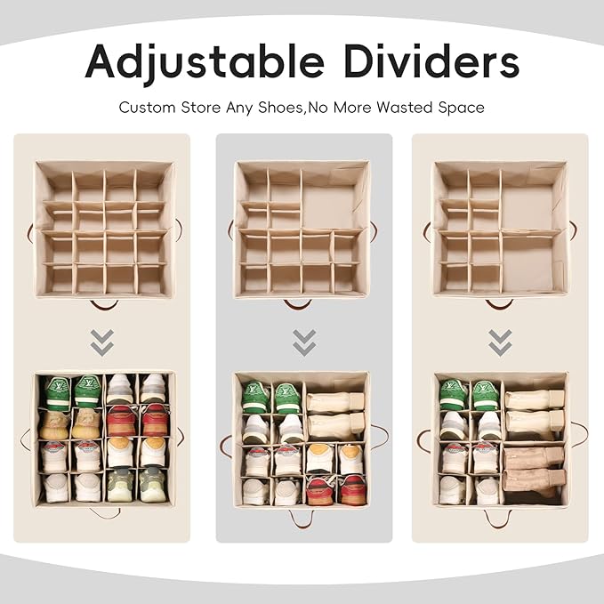 Shoe Organizer Box 2 Pack, Shoe Storage Organizer with Clear Cover, Adjustable Dividers Fits 16-32 Pairs, Fabric Shoe Organizer for Closet, Beige