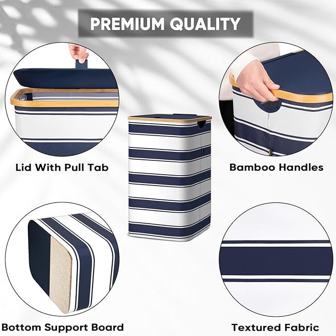 BALEINE Laundry Hamper with Lid, Tall Laundry Baskets with Bamboo Pull Handles, Large Laundry Bin with Internal Support (18 Gal/70L, Blue Stripe)