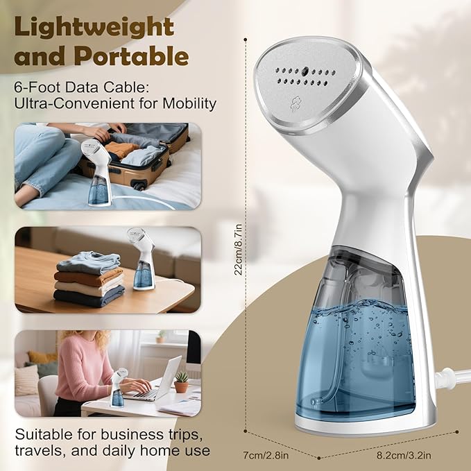 Portable Steamer for Clothes, 20s Fast-Heat Handheld Garment Steamer with Leak-Proof Tech, Large-Capacity Iron for Travel, Home & Dorm