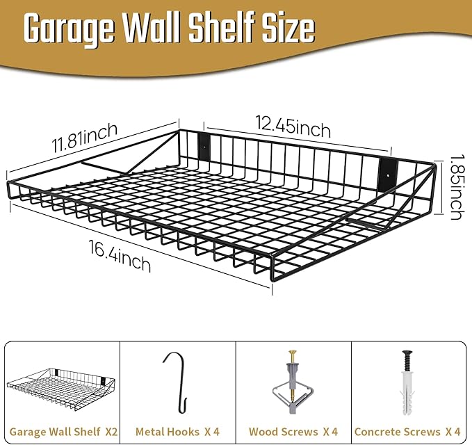 2 Pack Garage Wall Shelf, Garage Wall Mounted Shelving, Heavy Duty Floating Shelves With 4 Hooks, Loads 90 LBS Black Wall Shelves Mesh Storage Rack for Office, Basement, Wall Cabinet and Kitchen