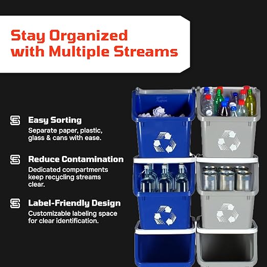 Multi Recycling Bin System with Three Stacking 6 Gallon Bins with Carrying Handles, Stackable and Compact for Offices, Homes, Garages, Businesses - (Yellow, 3 Pack)
