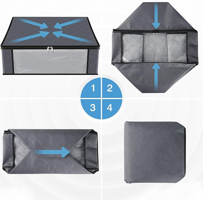 HomeHacks Storage 8-Pack Clothes Organizer Storage Bags Foldable Storage Box with Large Clear Window Sturdy Handles for Closet, Dorm, Pillows, Bedding, Clothes, Blankets, 35L, Grey