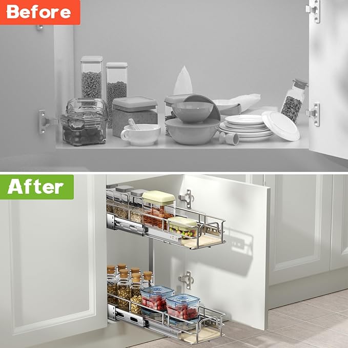 ROOMTEC 2 Tier Individual Pull Out Cabinet Organizer 7½"W x 21½"D, Slide Out Wood Shelves Organizers, Pull Out Drawers Organization and Storage for Kitchen Cabinet