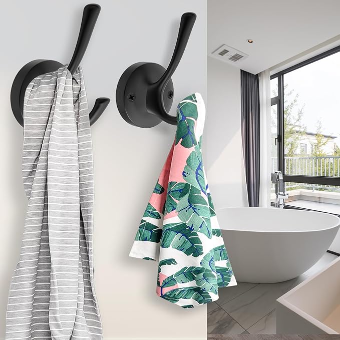Black Wall Hooks Towel Hooks, 3 Pack Coat Hooks Robe Hook Heavy Duty Metal Double Bath Hook Wall Mounted, Hand Towel Hooks for Entryway Bathroom Kitchen Closet Garage