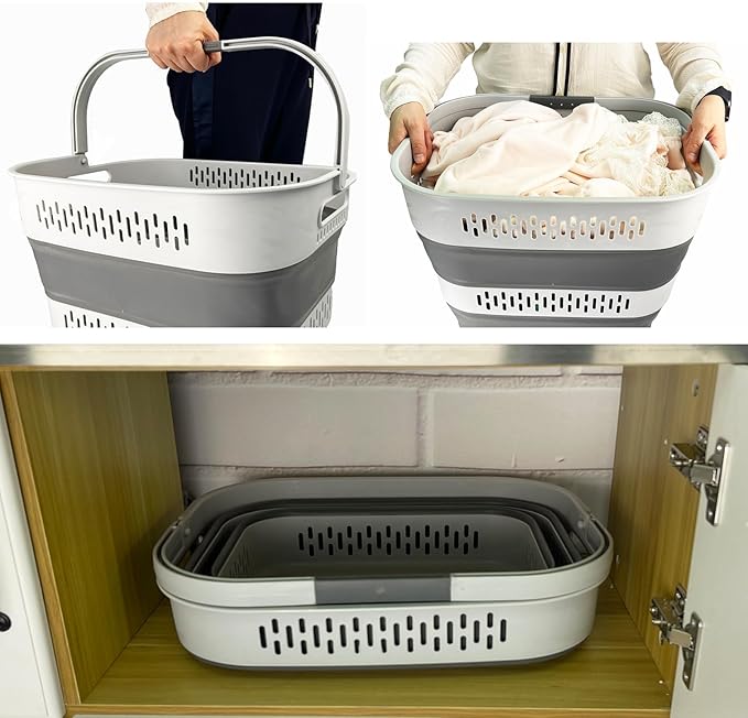 SAMMART 40L (10.5 Gallon) Collapsible Plastic Laundry Basket with Handles - Foldable Pop Up Storage Container/Organizer - Portable Laundry Hamper - Space Saving (1, Grey)