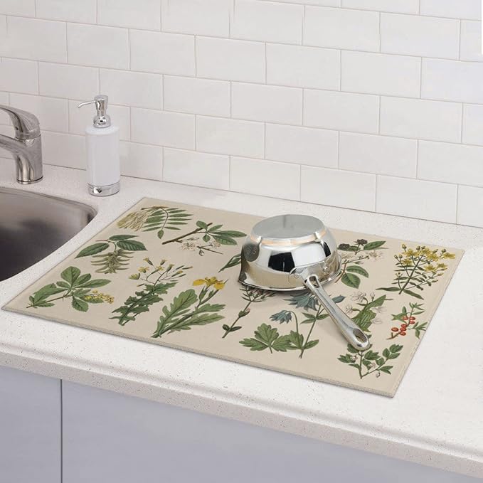 Vintage Color Plants Herbs Floral Microfiber Dish Drying Mat For Kitchen Countertop Xl Absorbent Reversible Drainer Rack Pad Extra Large 18 X 24 Inch